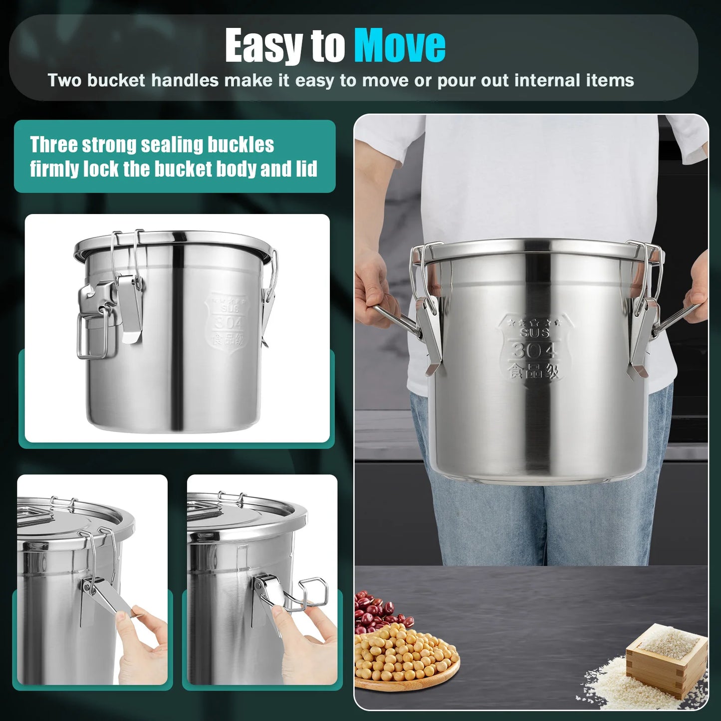 Bymaocar 304 Stainless Steel Airtight Kitchen Rice Storage Container