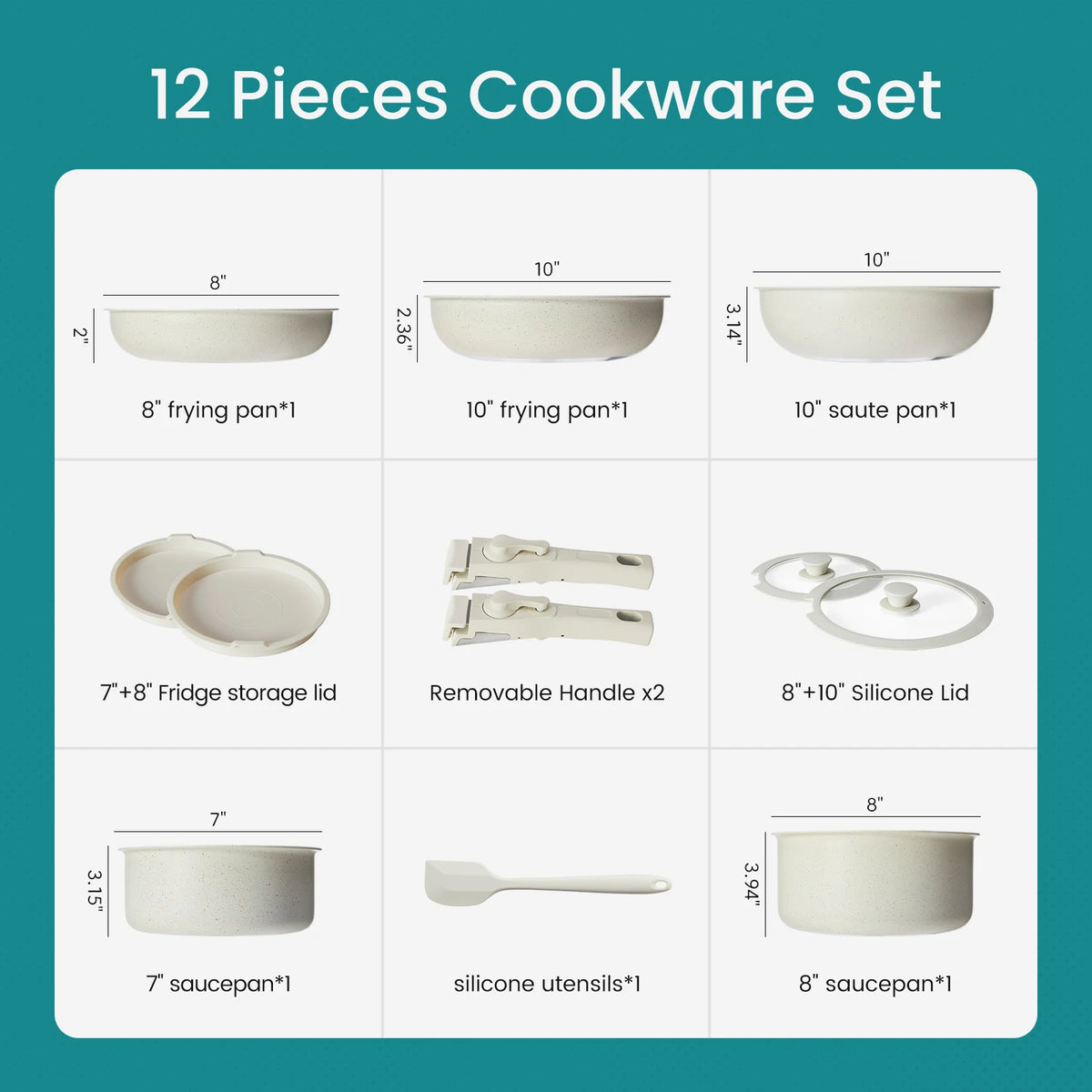 JHK Nonstick Cookware Set With Glass Lids And Detachable Handles