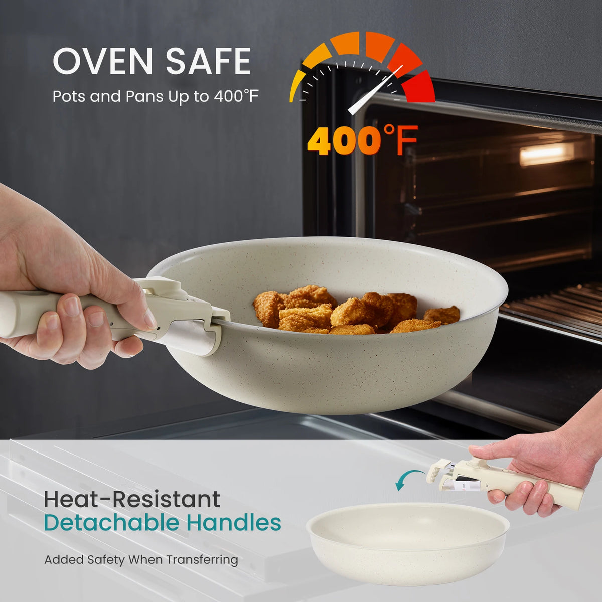 JHK Nonstick Cookware Set With Glass Lids And Detachable Handles