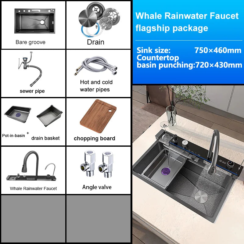 Telisiya Waterfall Stainless Steel Single Bowl Kitchen Sink Digital Display