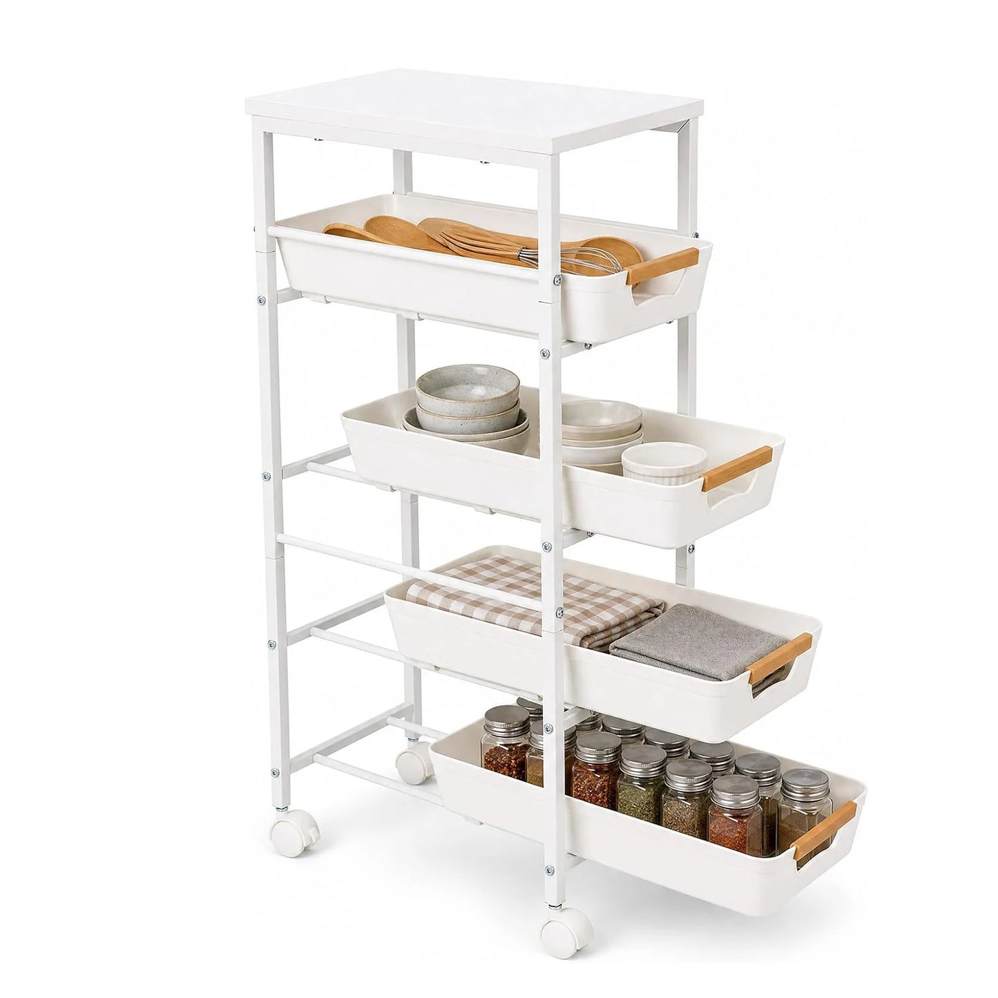HiMISS Slim Rolling Storage Cart With Wooden Top And Organizer