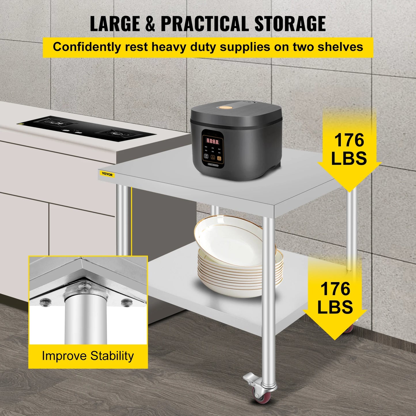 SucceBuy Stainless Steel Kitchen Prep Table With Casters And Backsplash