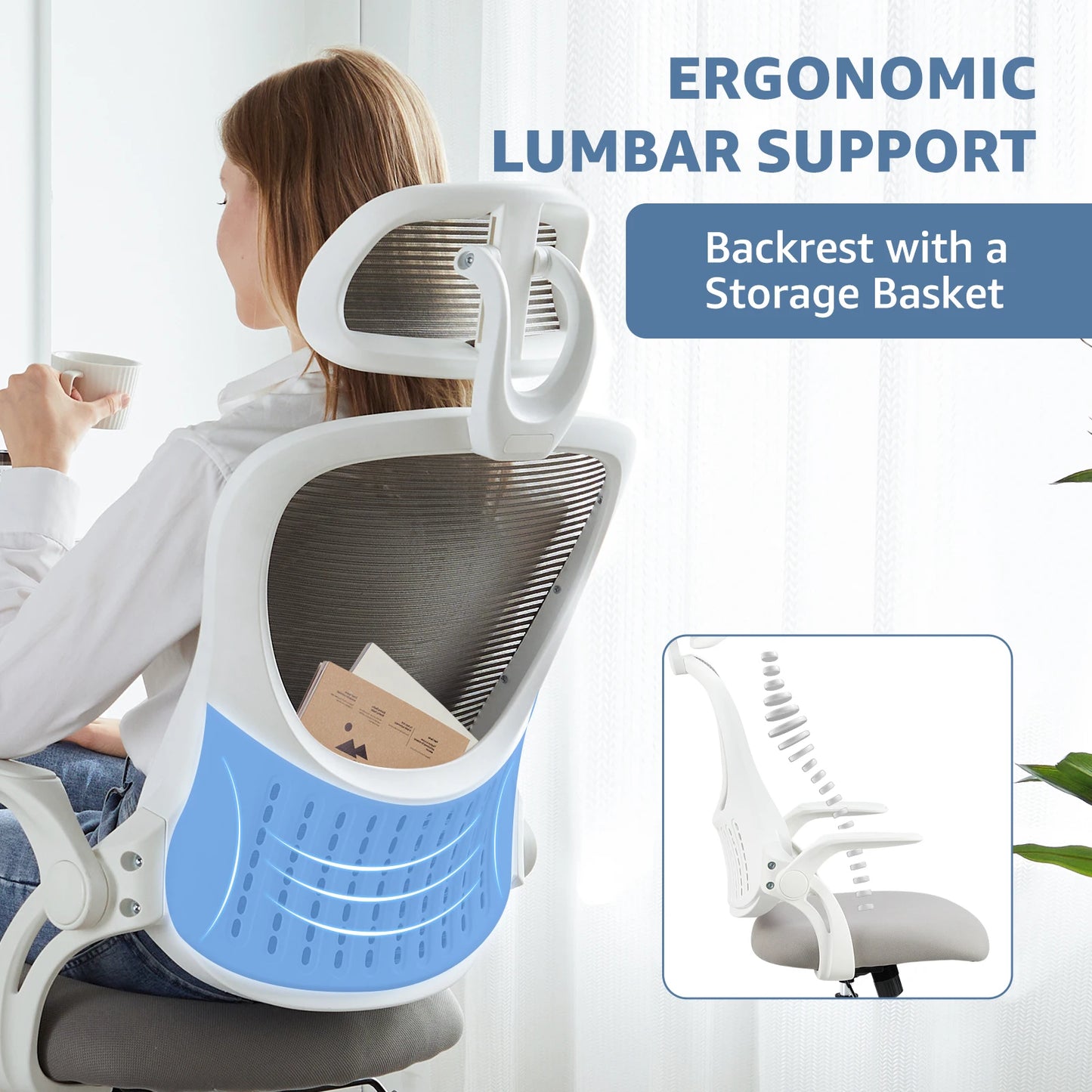 JHK Mesh Ergonomic Office Chair Adjustable Headrest And Lumbar Support