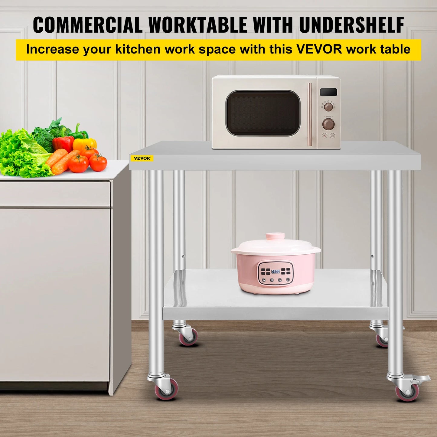 SucceBuy Stainless Steel Kitchen Prep Table With Casters And Backsplash