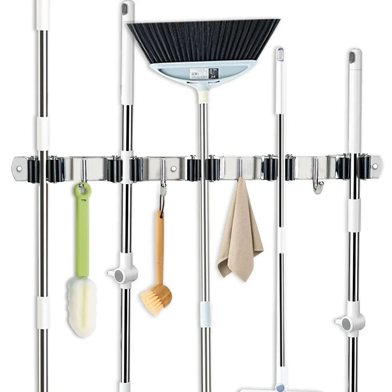 Stainless Steel 4-Hook Adhesive Broom And Mop Organizer