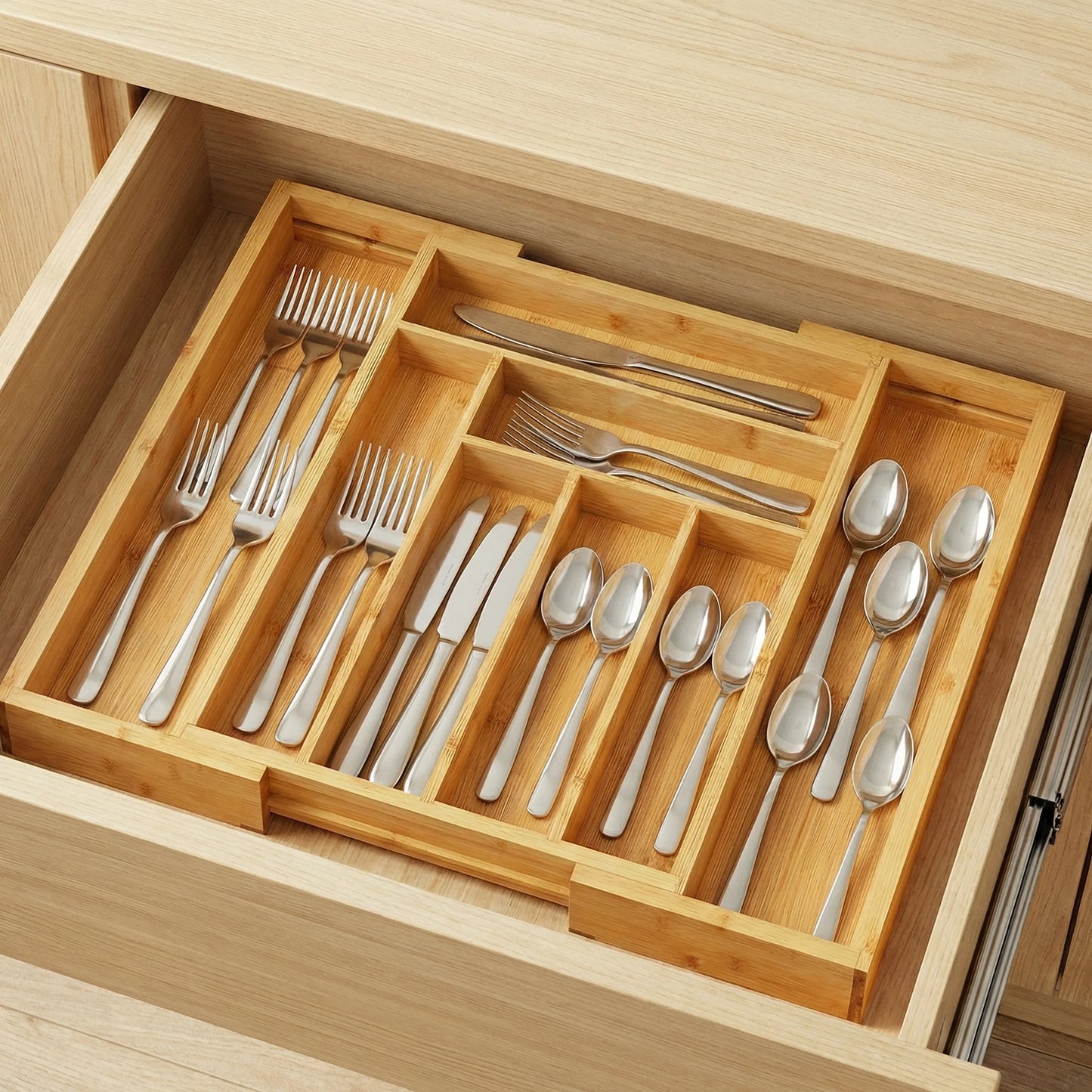 Bamboo Expandable Adjustable Kitchen Utensil Drawer Organizer