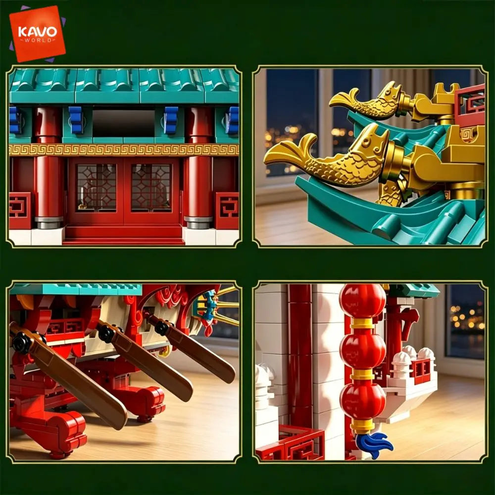 KAVOWORLD Chinese Dragon Boat Building Blocks Set With LED Light