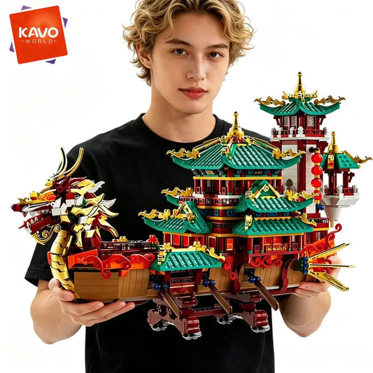 KAVOWORLD Chinese Dragon Boat Building Blocks Set With LED Light