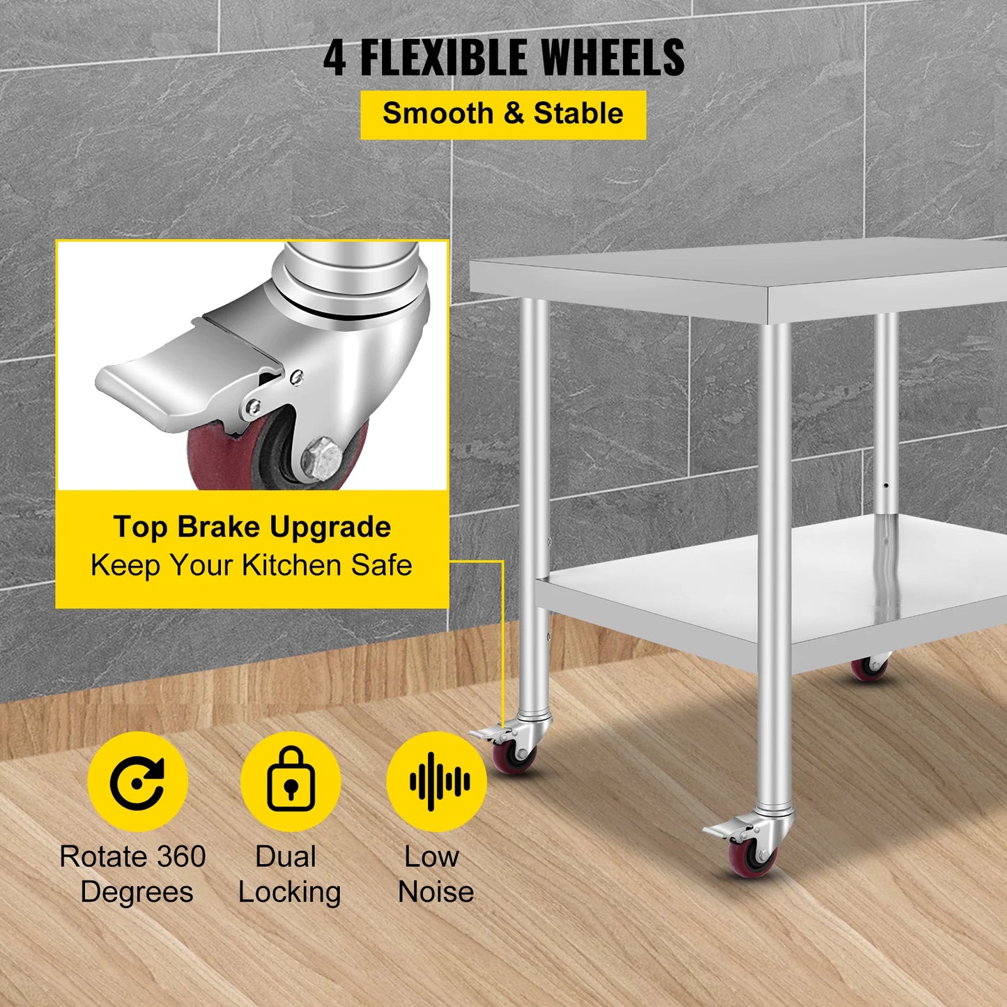 SucceBuy Stainless Steel Kitchen Prep Table With Casters And Backsplash