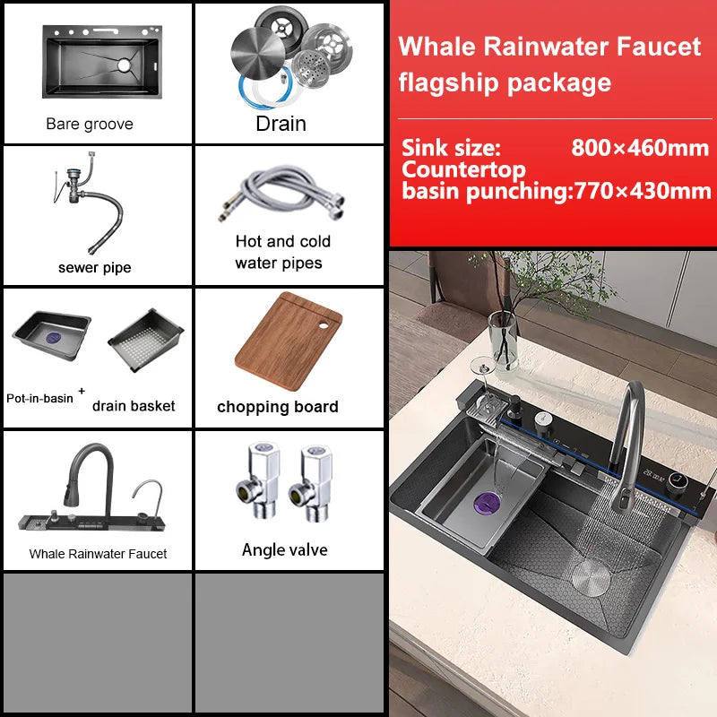 Telisiya Waterfall Stainless Steel Single Bowl Kitchen Sink Digital Display