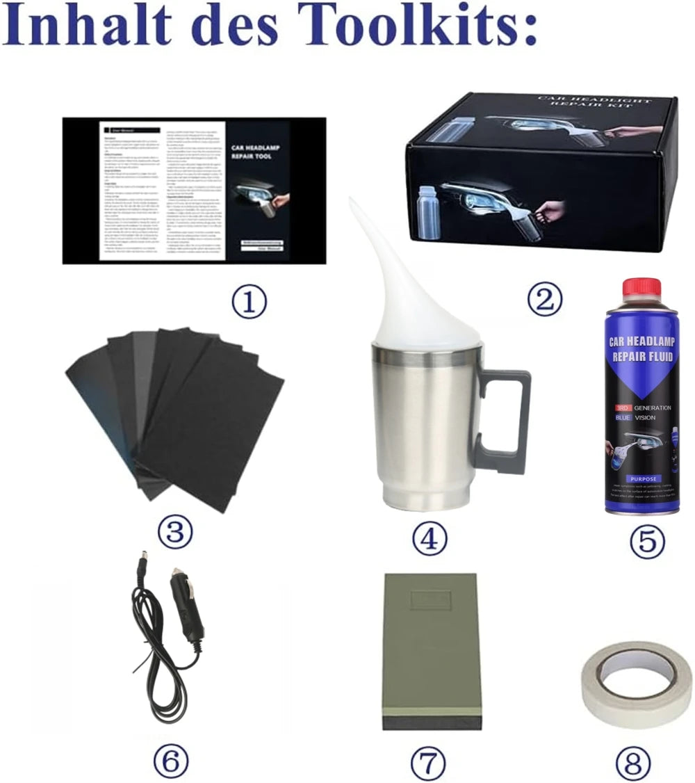 Car Headlight Repair Kit With Chemical Polish Tools