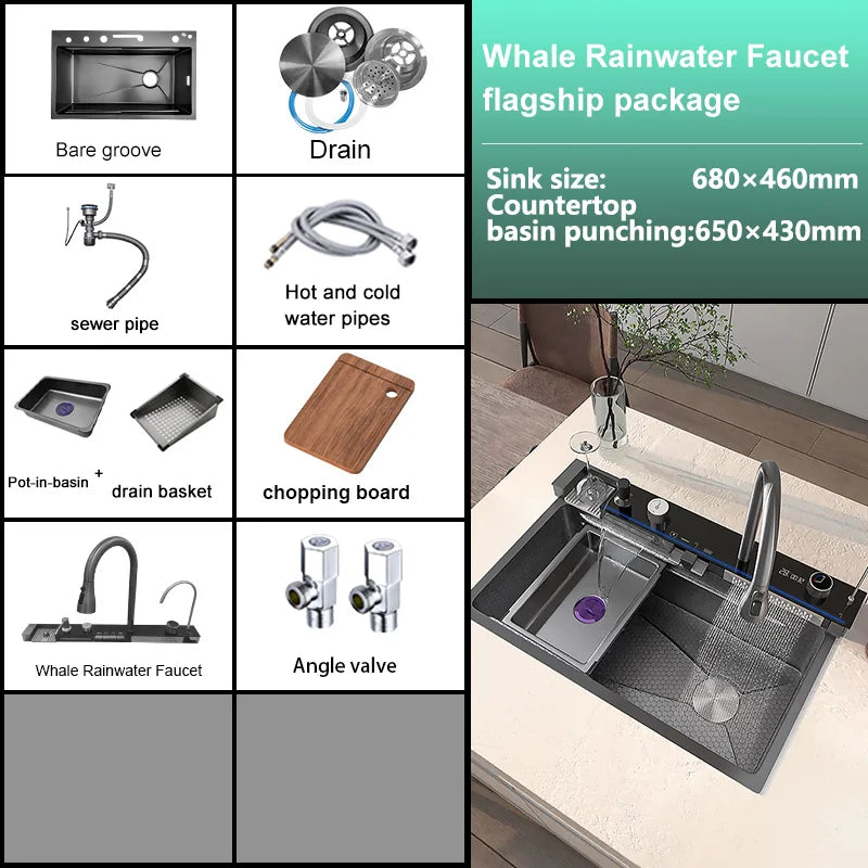 Telisiya Waterfall Stainless Steel Single Bowl Kitchen Sink Digital Display