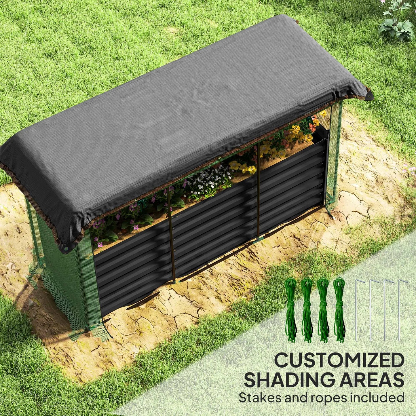 Outsunny Galvanized Metal Raised Garden Bed With Crop Cage And Shade Cloth
