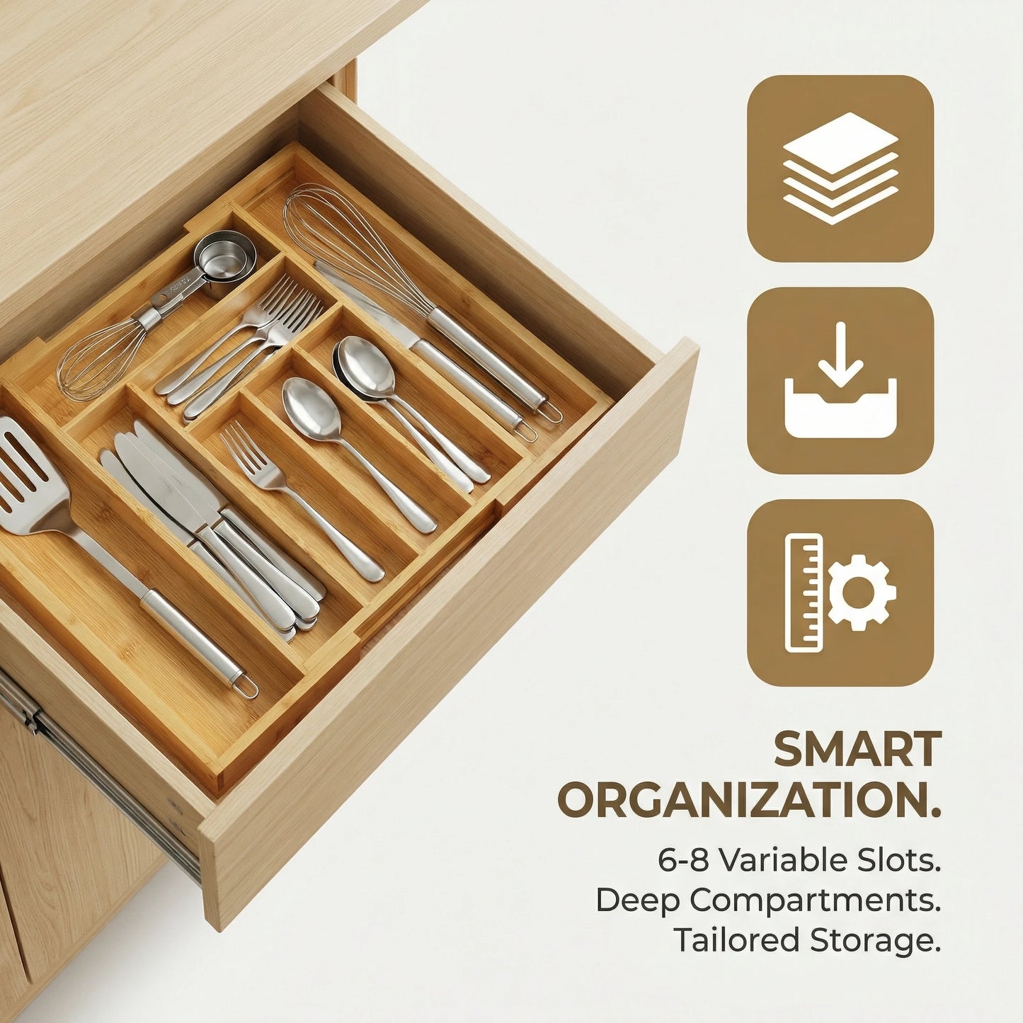Bamboo Expandable Adjustable Kitchen Utensil Drawer Organizer