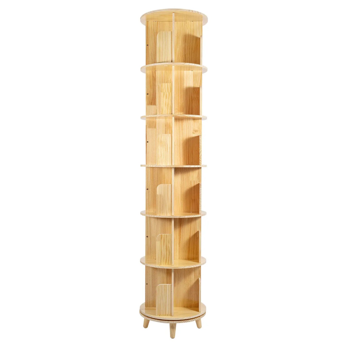 6-Tier Rotating Pine Wood Bookshelf with Kids Books Toy Storage