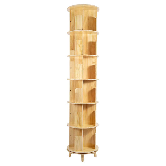6-Tier Rotating Pine Wood Bookshelf with Kids Books Toy Storage