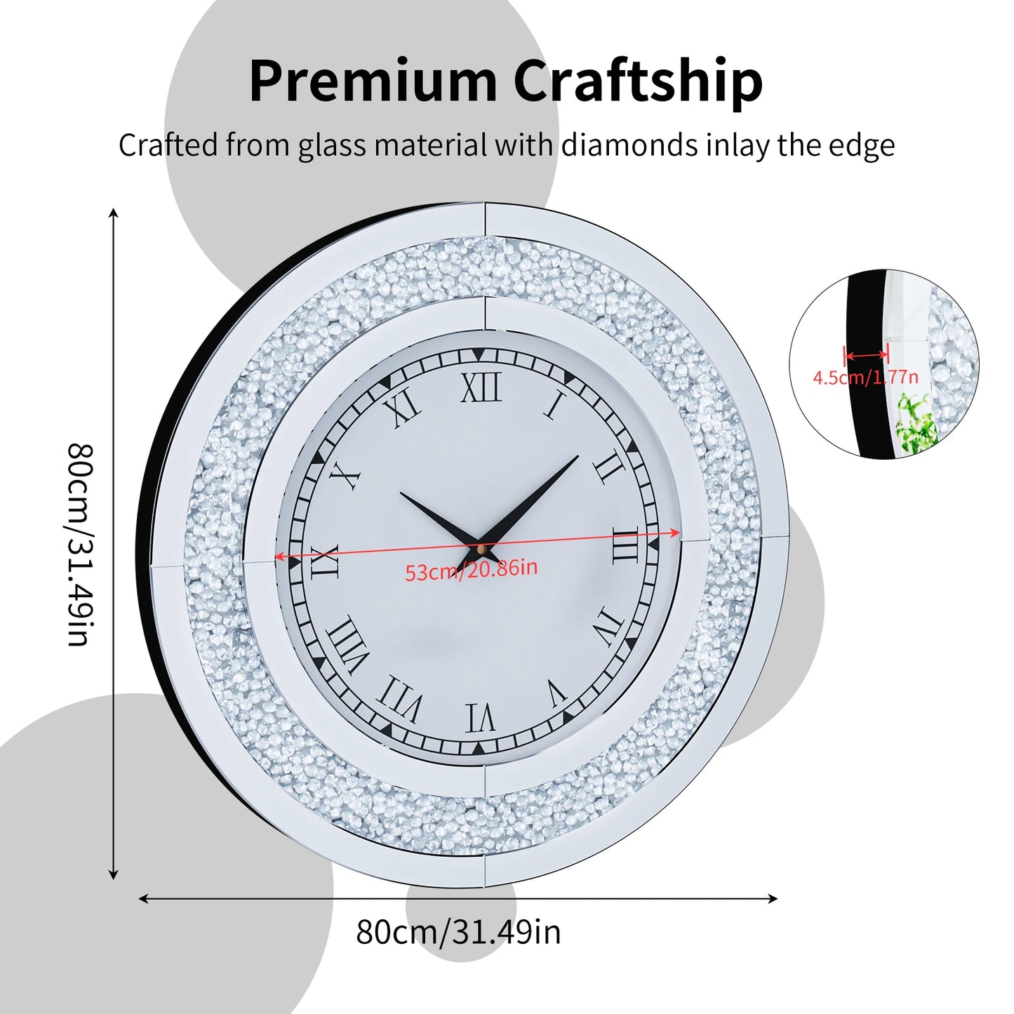 Decorative Round Mirror Wall Clock Featuring Crystal Sparkle Design