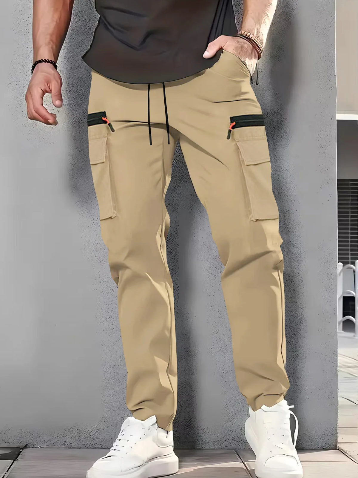 Men's Multi Pocket Cargo Pants With Zipper Straight Leg Trousers