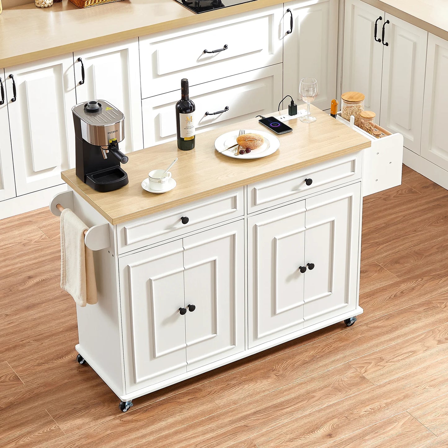 Mobile Wooden Kitchen Island Cart With Drop Leaf Storage Drawers