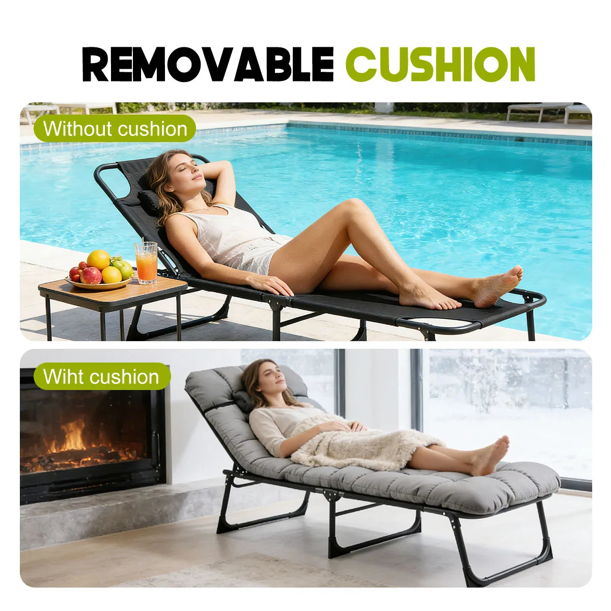 Adjustable Folding Camping Lounge Chair With Removable Cushion