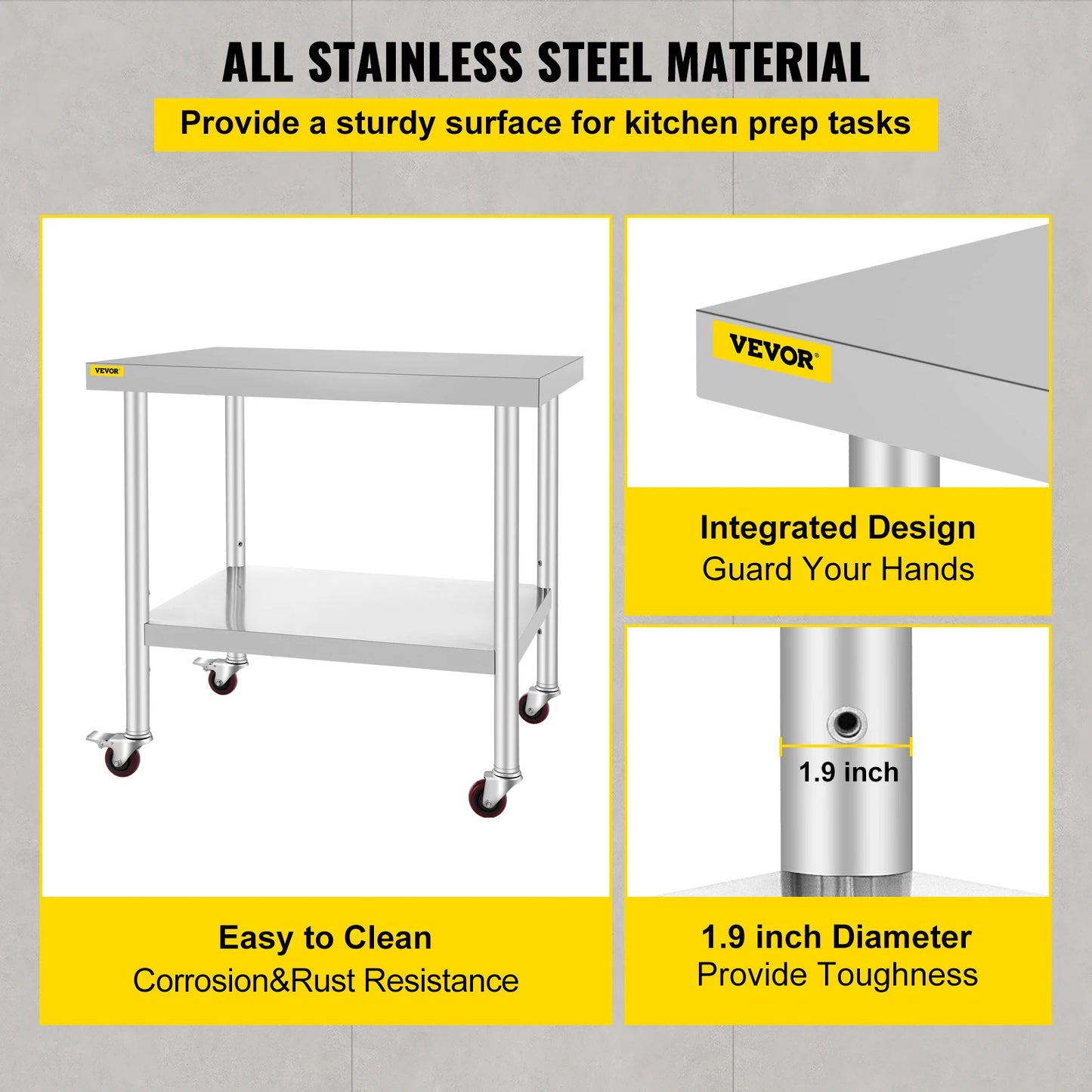 SucceBuy Stainless Steel Kitchen Prep Table With Casters And Backsplash