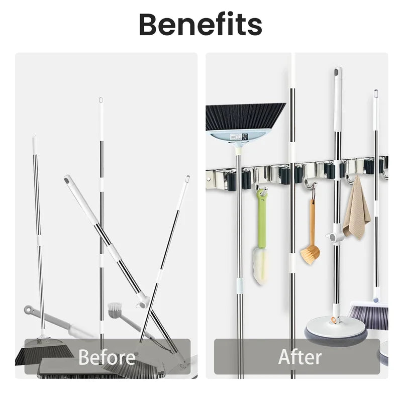 Stainless Steel 4-Hook Adhesive Broom And Mop Organizer