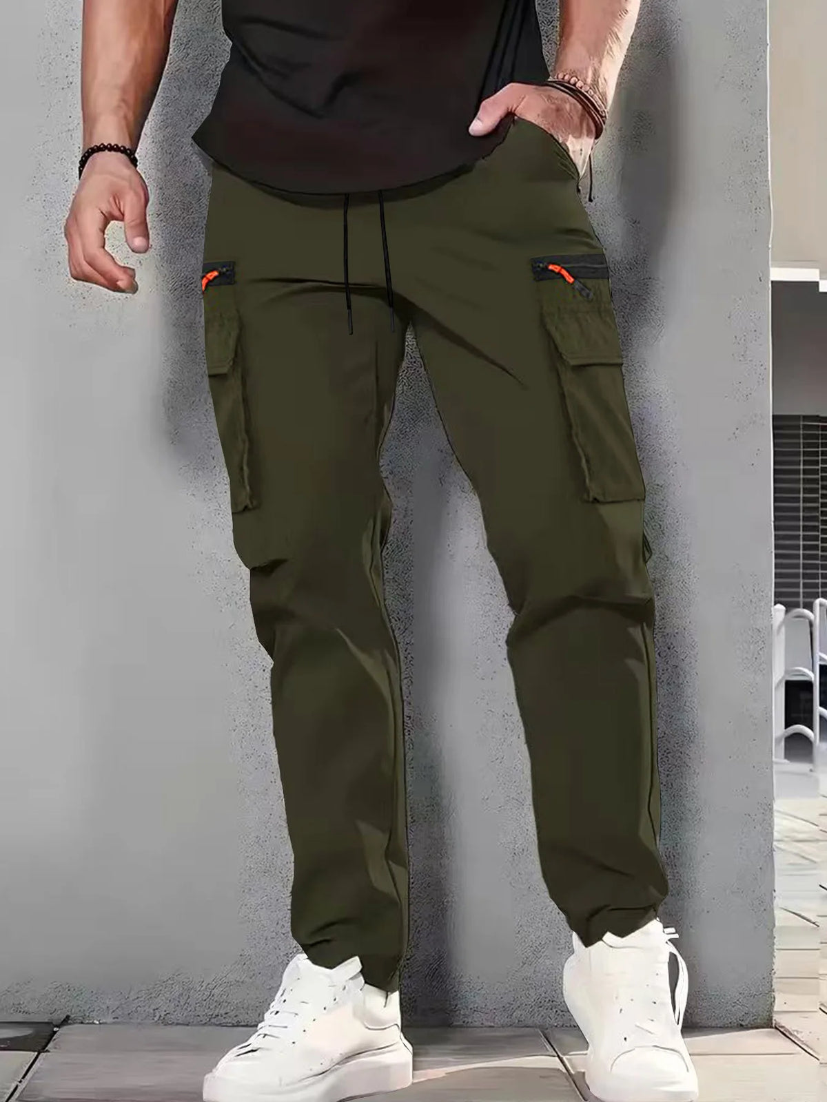 Men's Multi Pocket Cargo Pants With Zipper Straight Leg Trousers