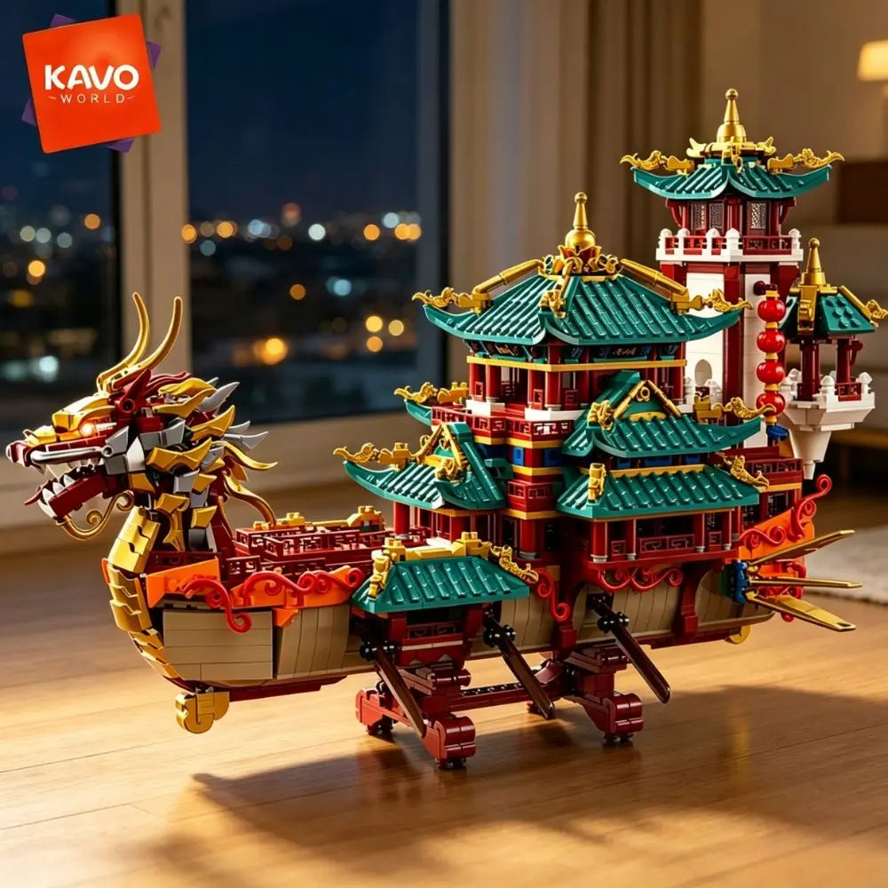 KAVOWORLD Chinese Dragon Boat Building Blocks Set With LED Light