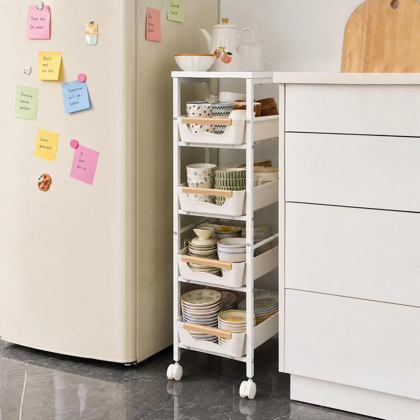 HiMISS Slim Rolling Storage Cart With Wooden Top And Organizer