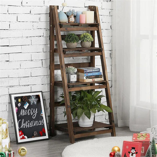 Multi Tier Folding Wood Ladder Shelf Indoor Storage Rack
