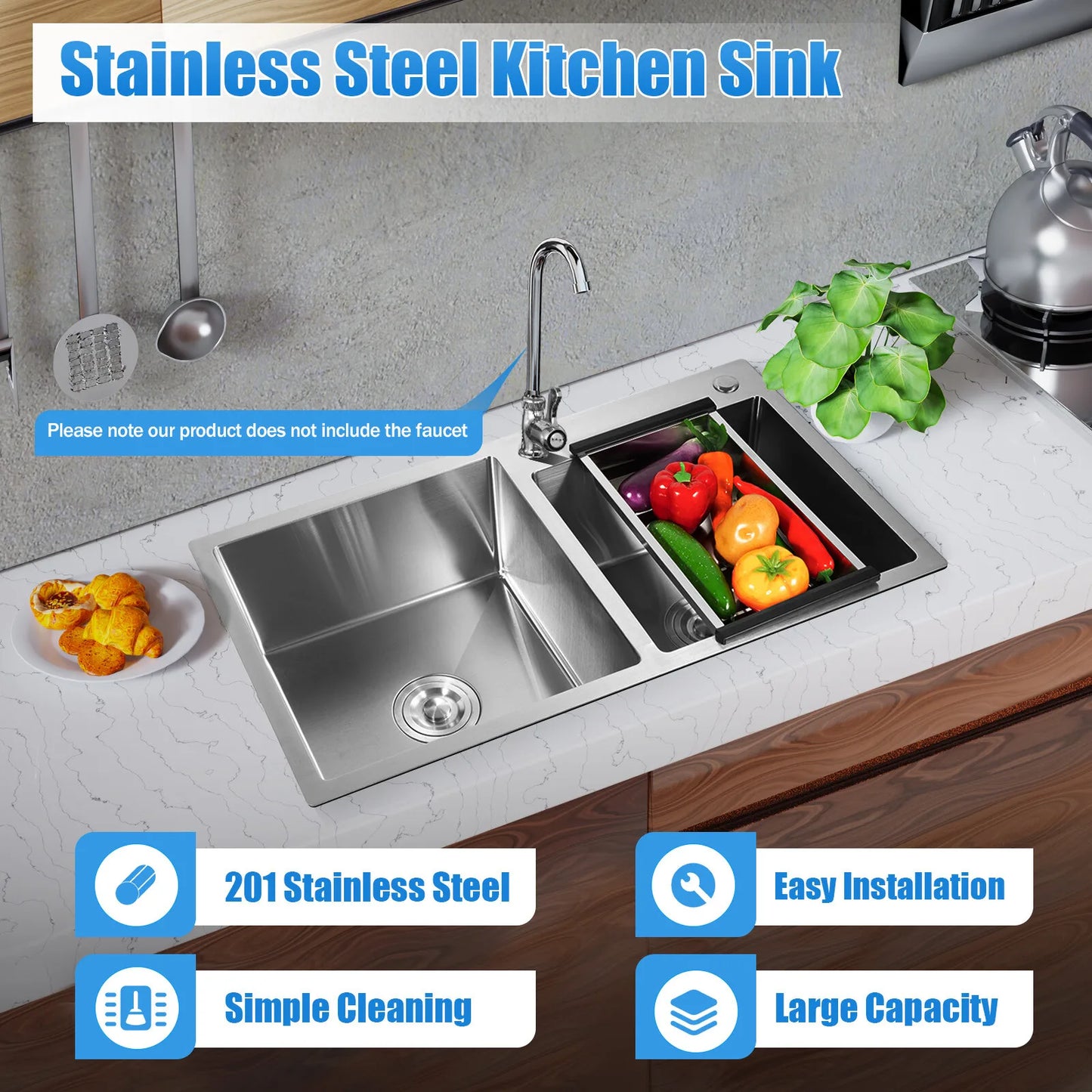 Stainless Steel Double Bowl Drop-in Kitchen Sink Rectangular