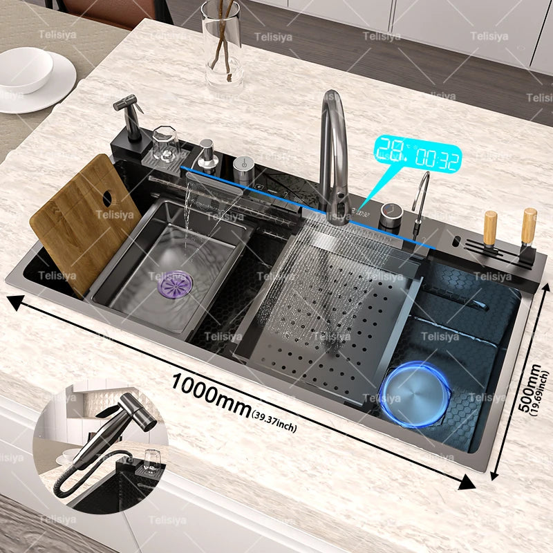 Telisiya Waterfall Stainless Steel Single Bowl Kitchen Sink Digital Display