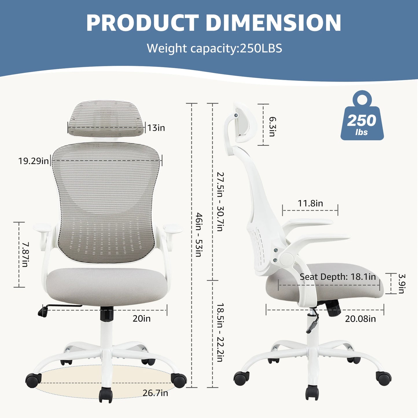 JHK Mesh Ergonomic Office Chair Adjustable Headrest And Lumbar Support