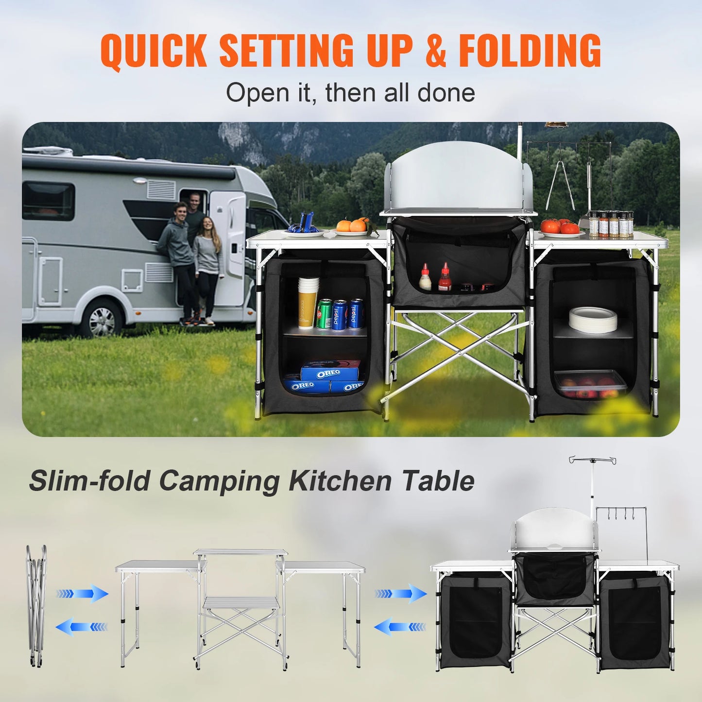 SucceBuy Foldable Camping Kitchen Table With Grilling Rack