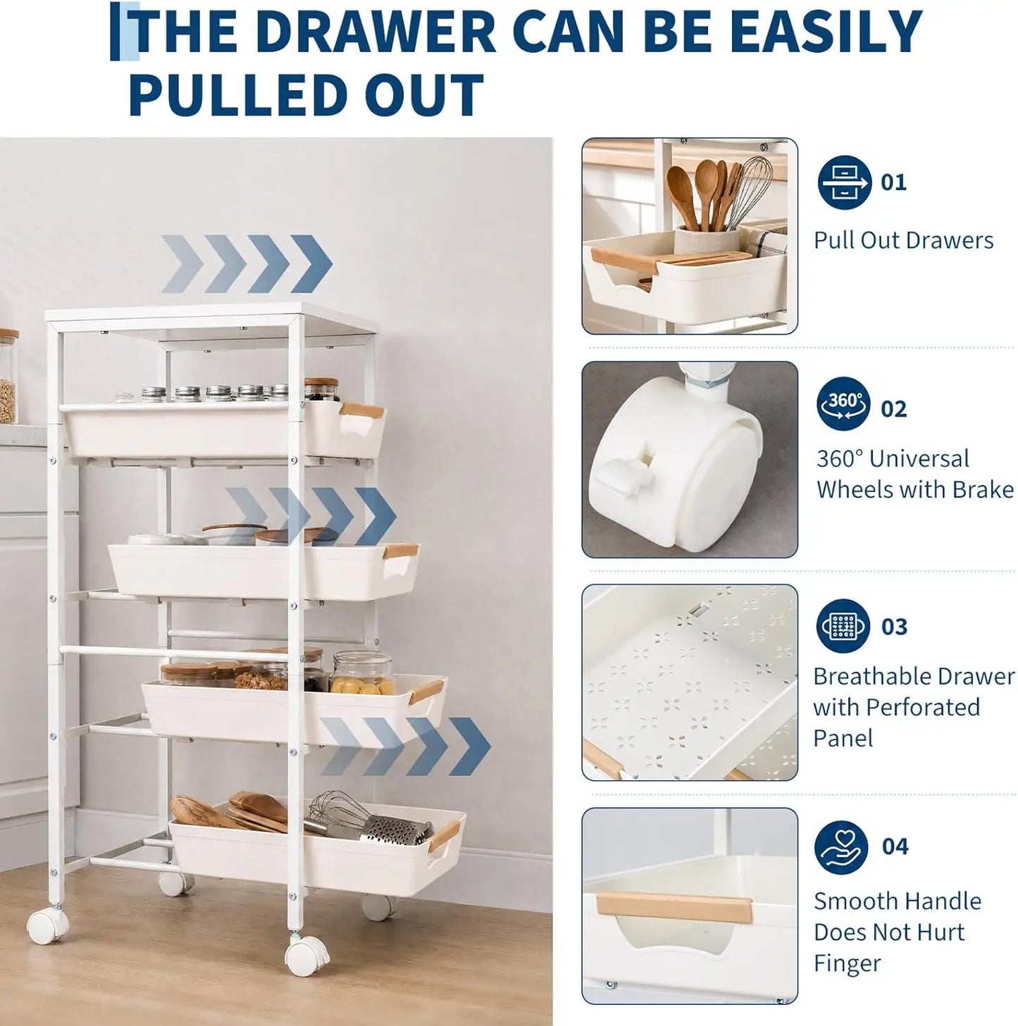 HiMISS Slim Rolling Storage Cart With Wooden Top And Organizer