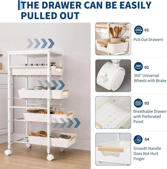 HiMISS Slim Rolling Storage Cart With Wooden Top And Organizer