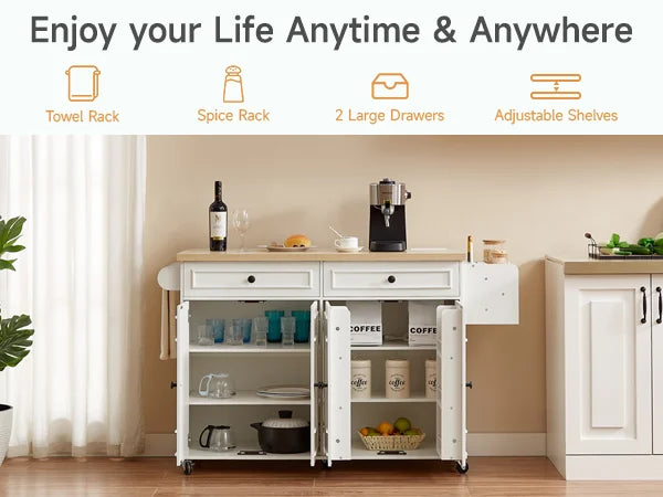 Mobile Wooden Kitchen Island Cart With Drop Leaf Storage Drawers