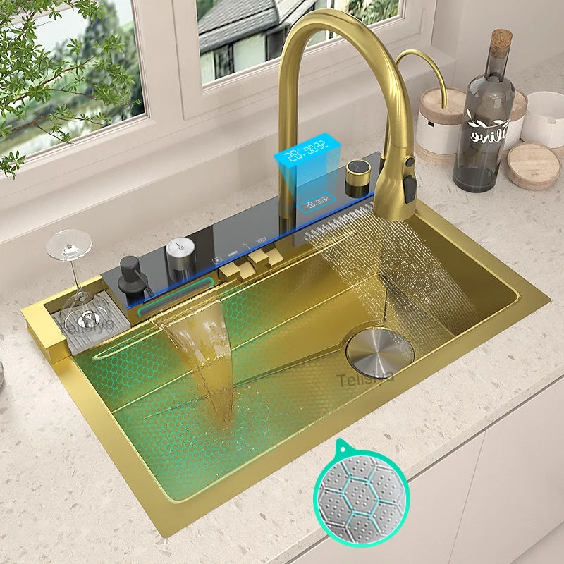 Telisiya Waterfall Stainless Steel Single Bowl Kitchen Sink Digital Display
