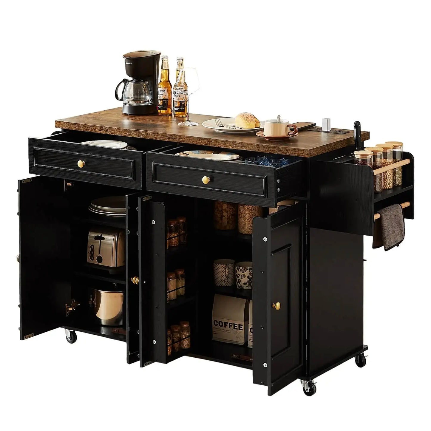 Mobile Wooden Kitchen Island Cart With Drop Leaf Storage Drawers