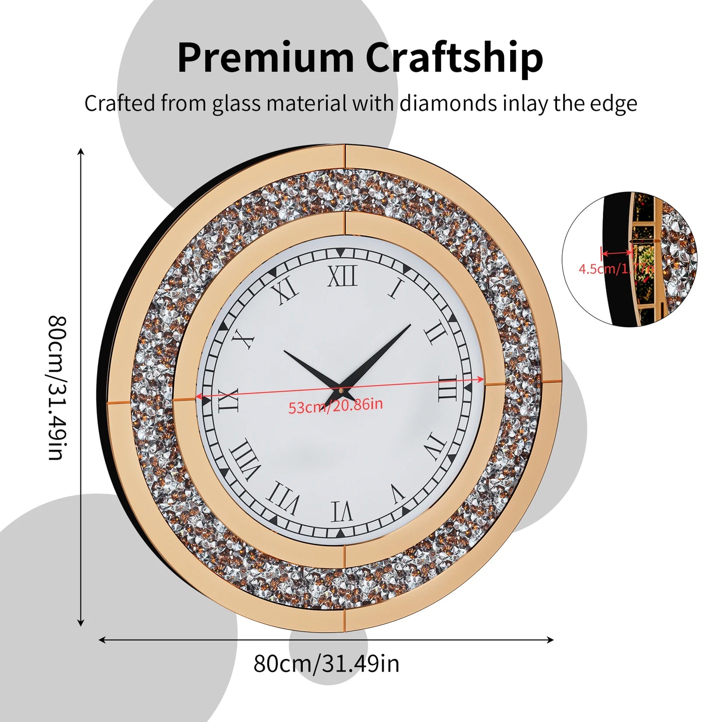 Decorative Round Mirror Wall Clock Featuring Crystal Sparkle Design
