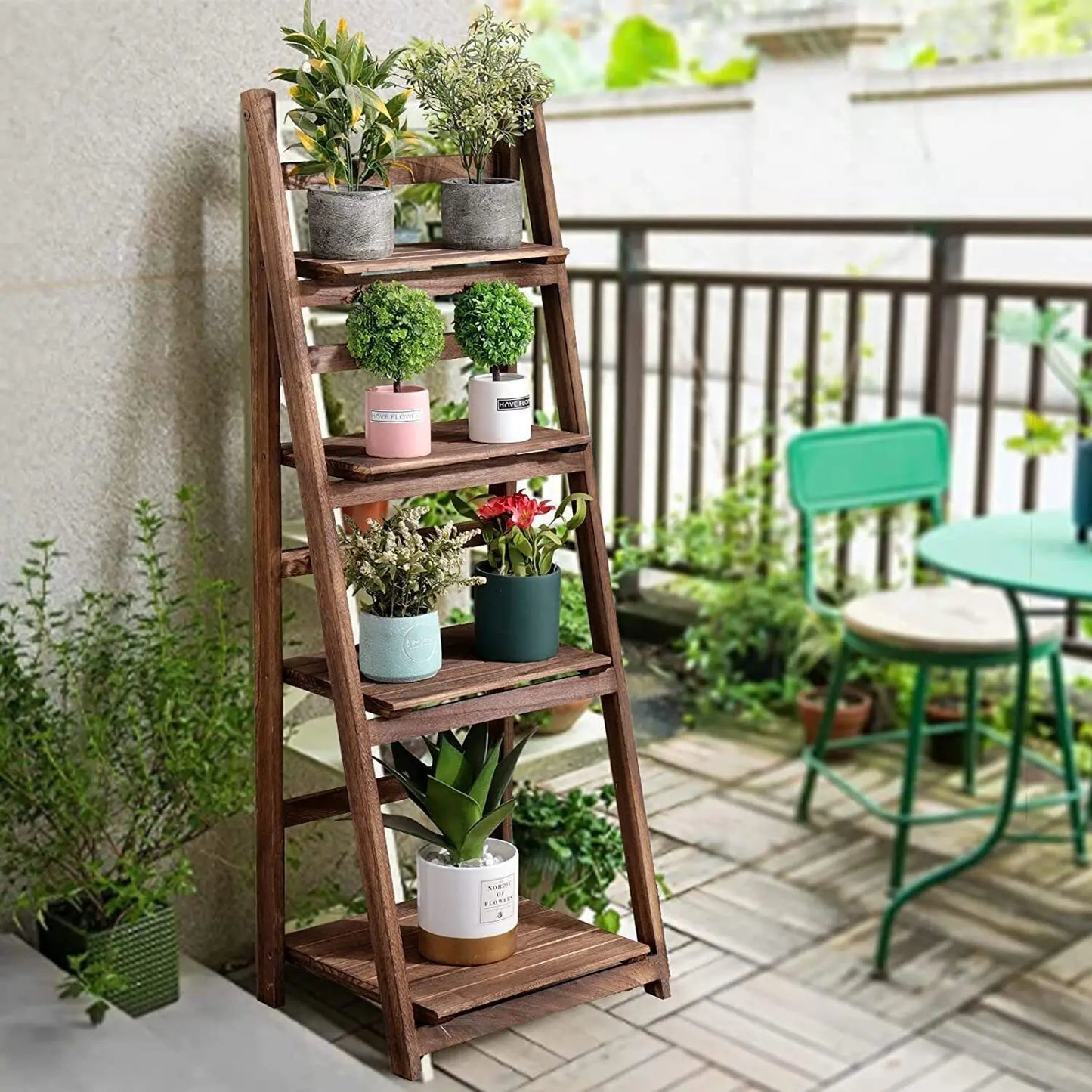 Multi Tier Folding Wood Ladder Shelf Indoor Storage Rack