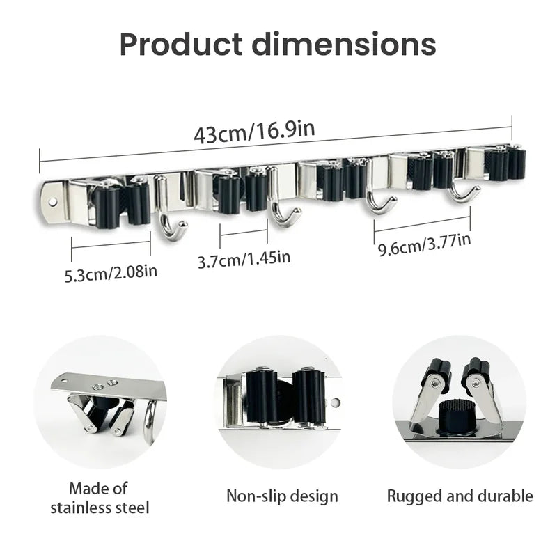 Stainless Steel 4-Hook Adhesive Broom And Mop Organizer