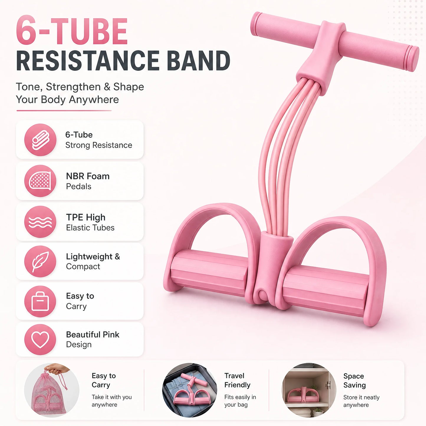 Six Tube Resistance Band Trainer For Full Body Fitness Exercise
