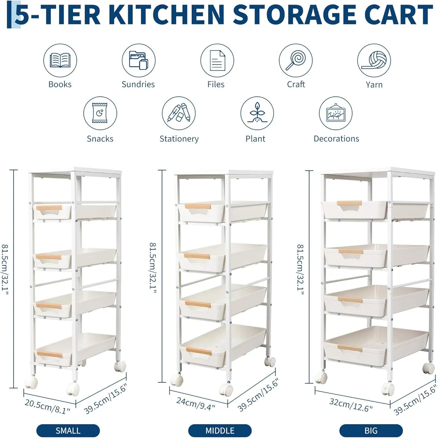 HiMISS Slim Rolling Storage Cart With Wooden Top And Organizer