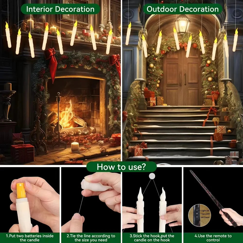 Flameless LED Floating Taper Candles With Magic Wand Remote Flickering Light