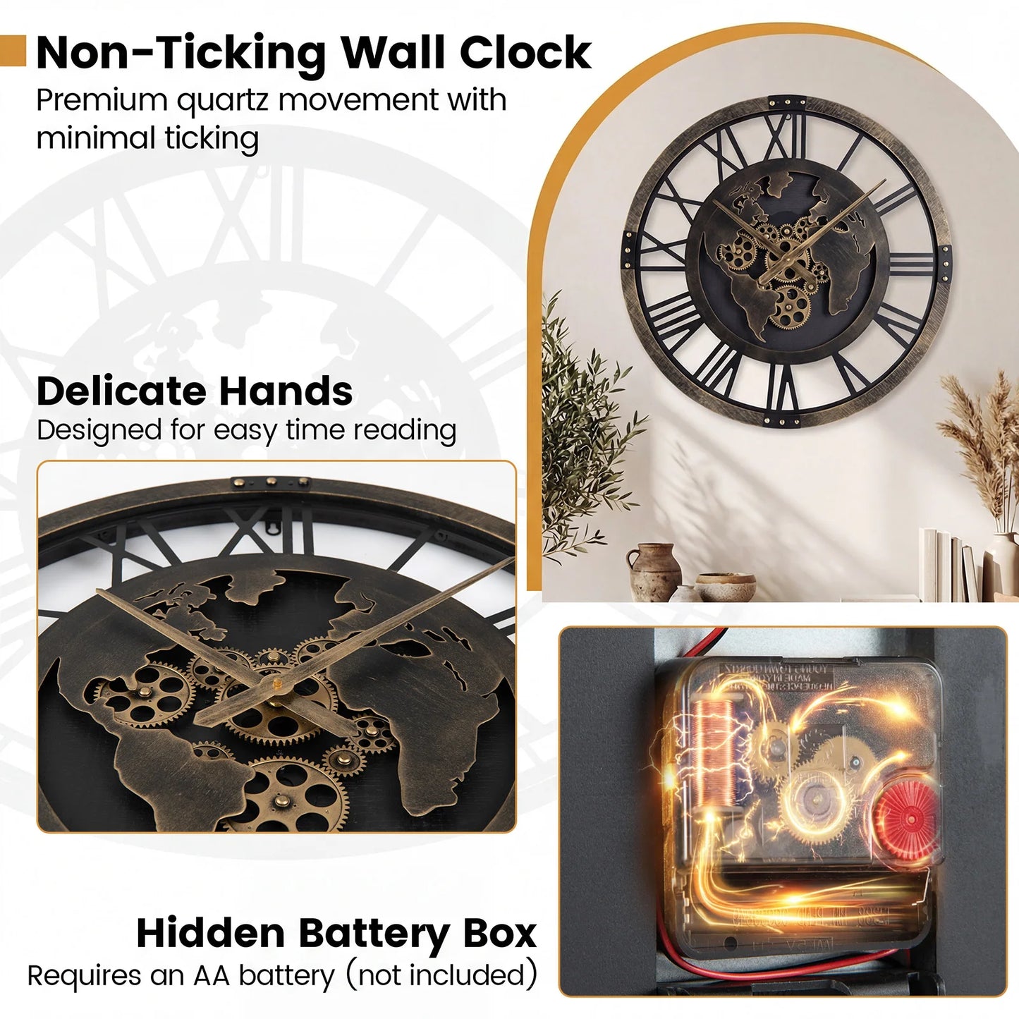 HOMASIS World Map Gear Wall Clock, Non Ticking Decorative Large Metal