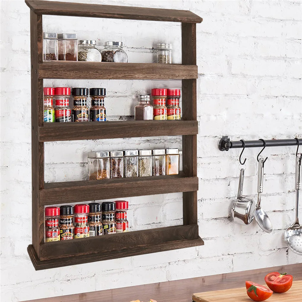 Wall Mounted Torched Bamboo Spice Rack Multi Tier Storage Shelf