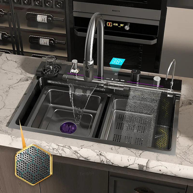 Telisiya Waterfall Stainless Steel Single Bowl Kitchen Sink Digital Display