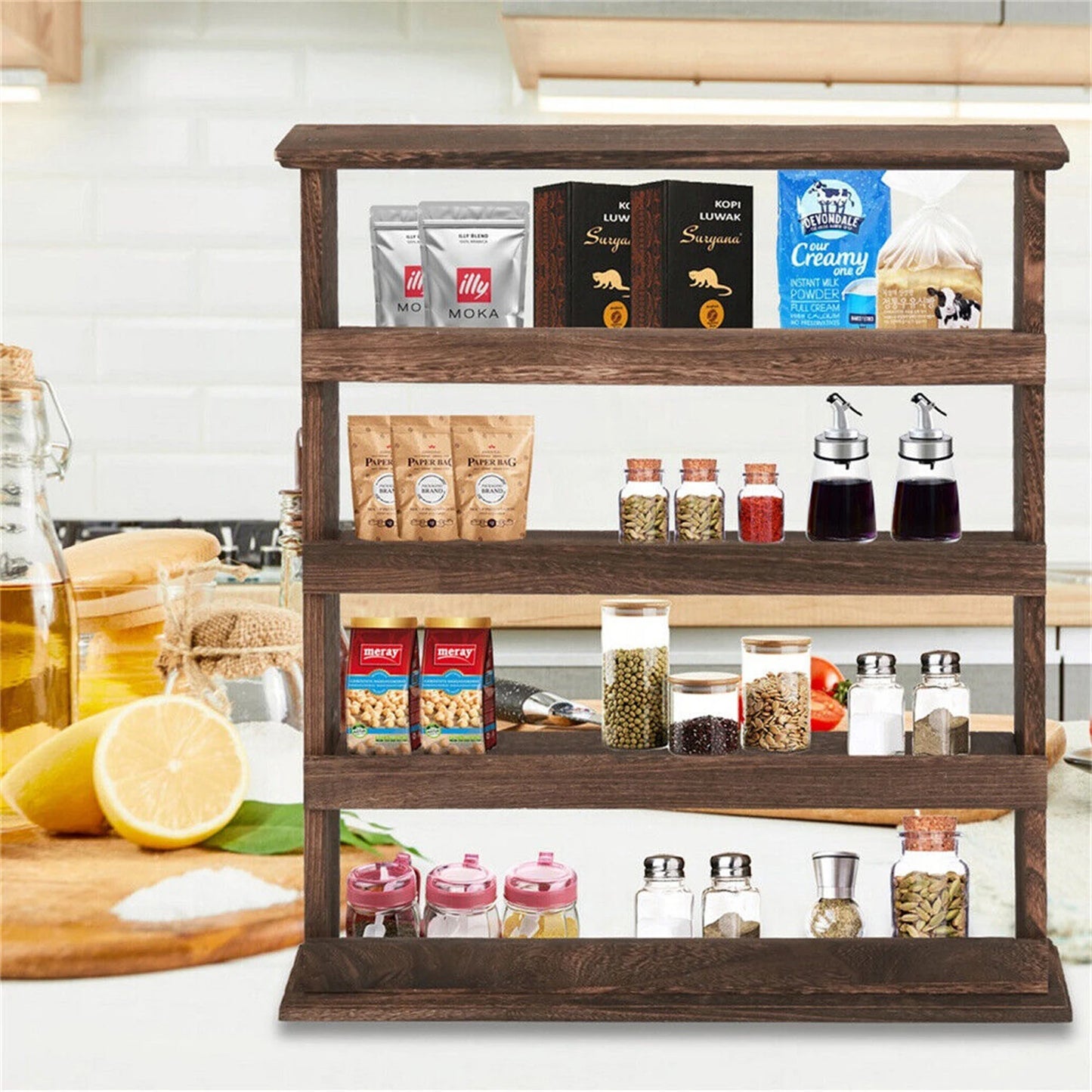 Wall Mounted Torched Bamboo Spice Rack Multi Tier Storage Shelf