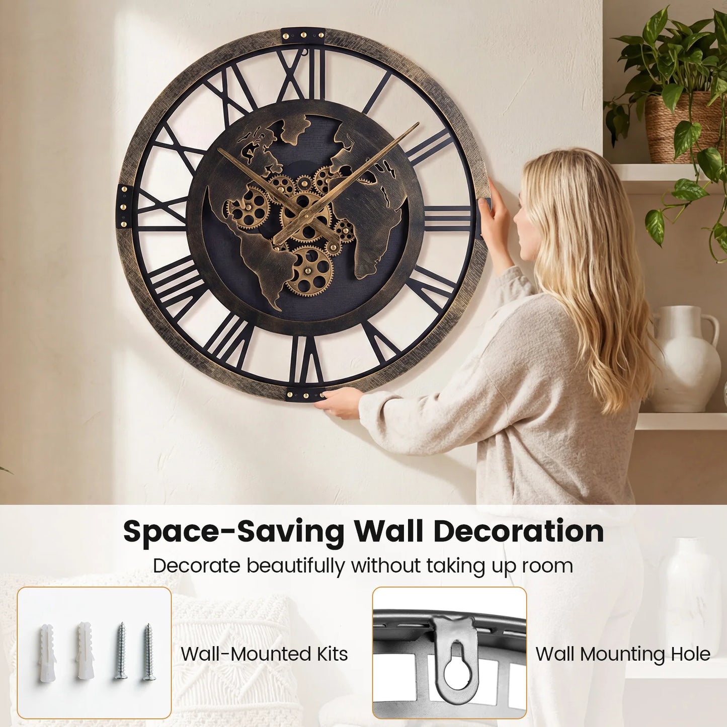 HOMASIS World Map Gear Wall Clock, Non Ticking Decorative Large Metal